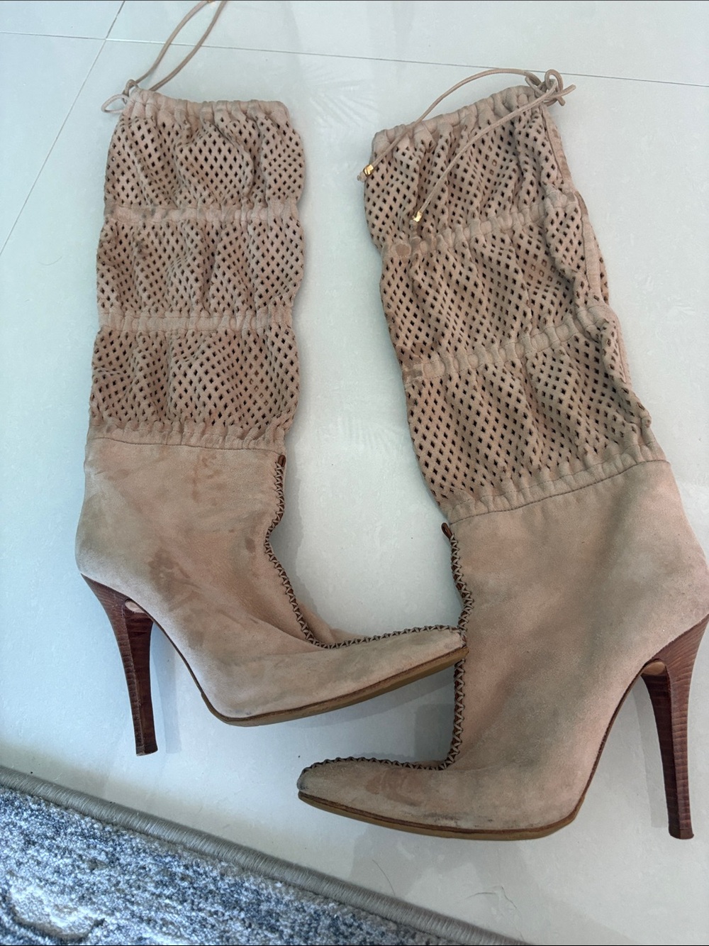 Roberto Cavalli Taupe Suede Perforated Drawstring Knee Boots